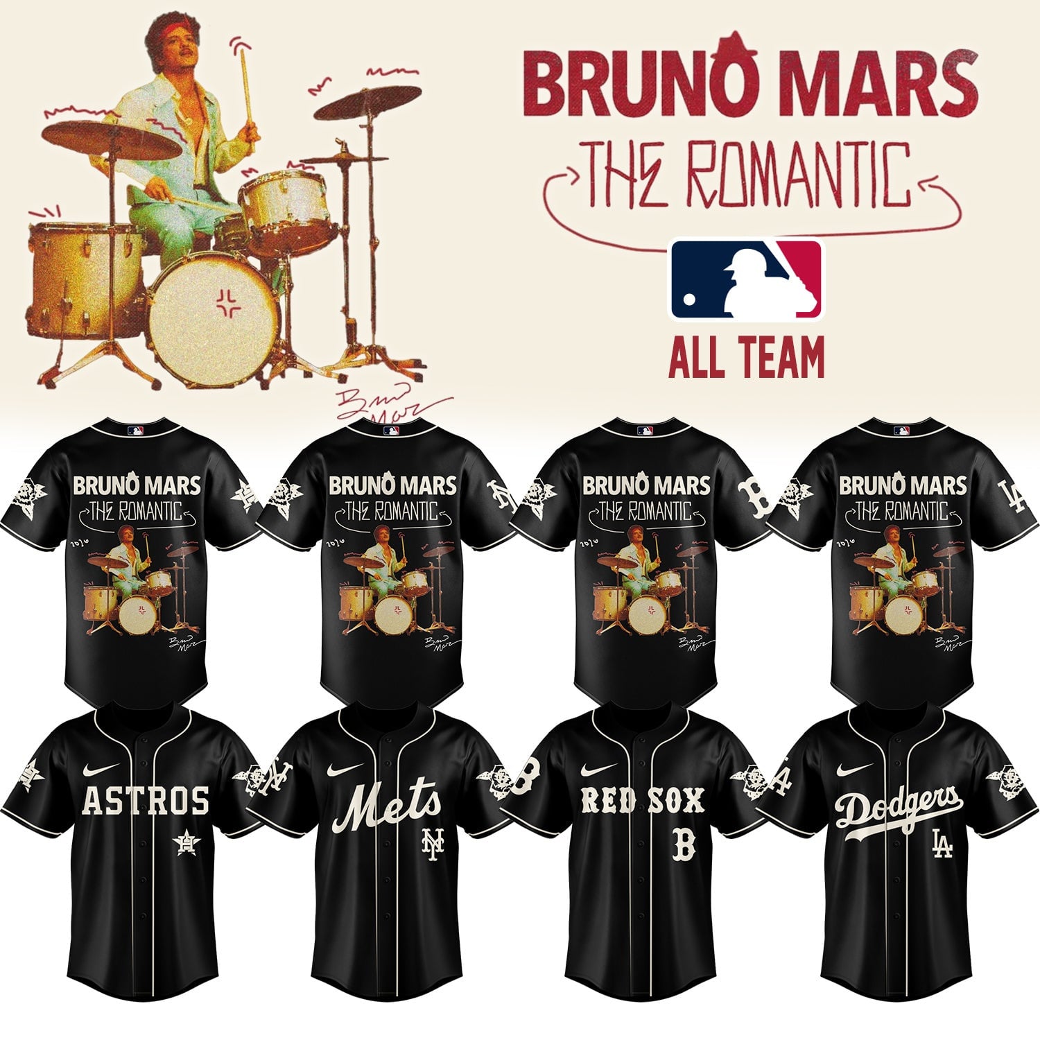 MLB Team x Bruno Mars The Romantic Tour 2026 Jersey Bruno Mars Merch Presents For Baseball Fans