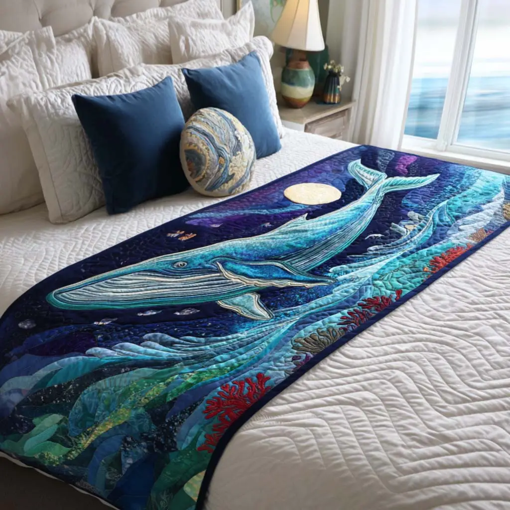Moonlight Whale Quilted Bed Runner Moonlit Whale Scene Gift for Ocean Lovers