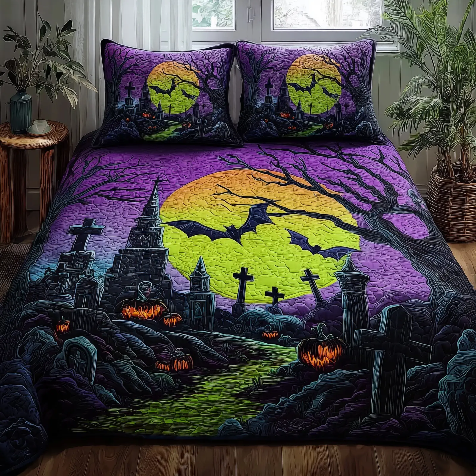 Moonlit Cemetery Quilted Bedding Set Elegant Bedding