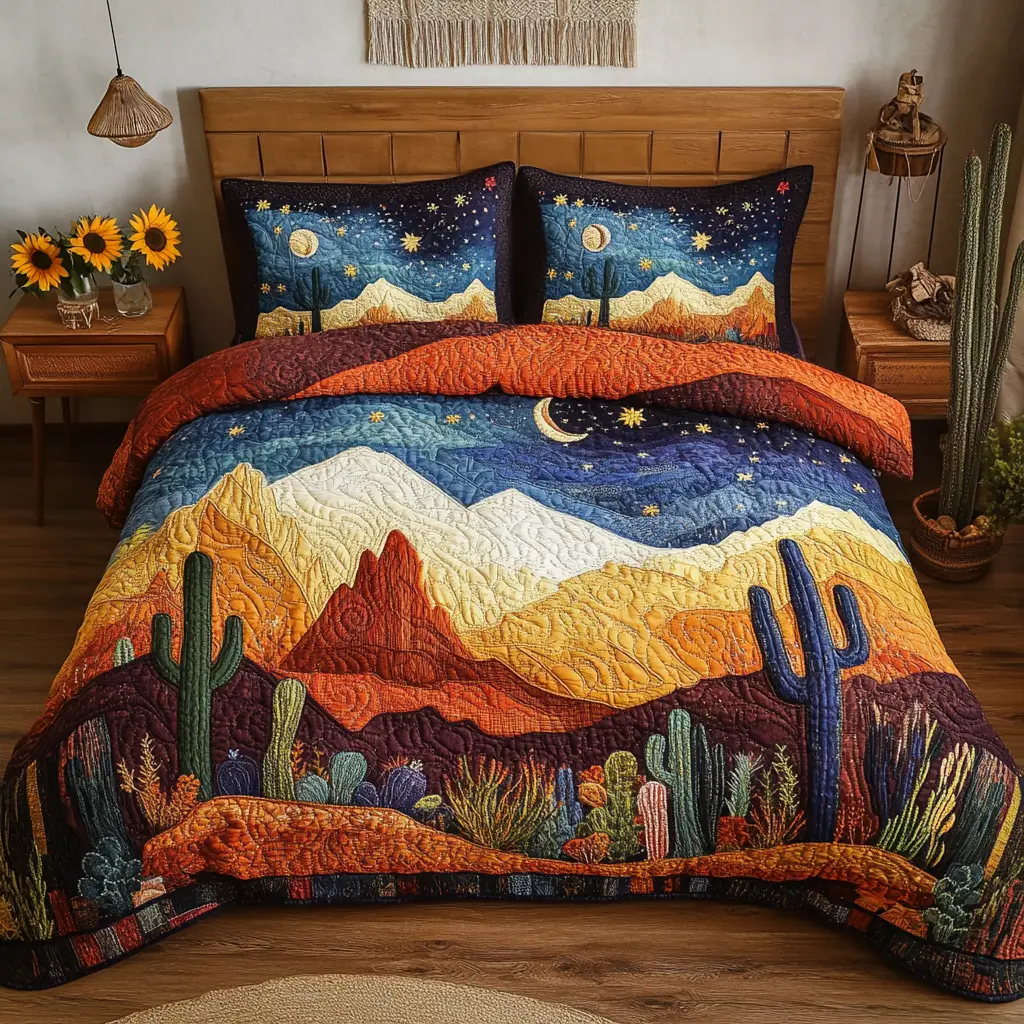 Moonlit Desert Quilted Bedding Set Best Christmas Duvet Cover Set Cactus Gifts For Him