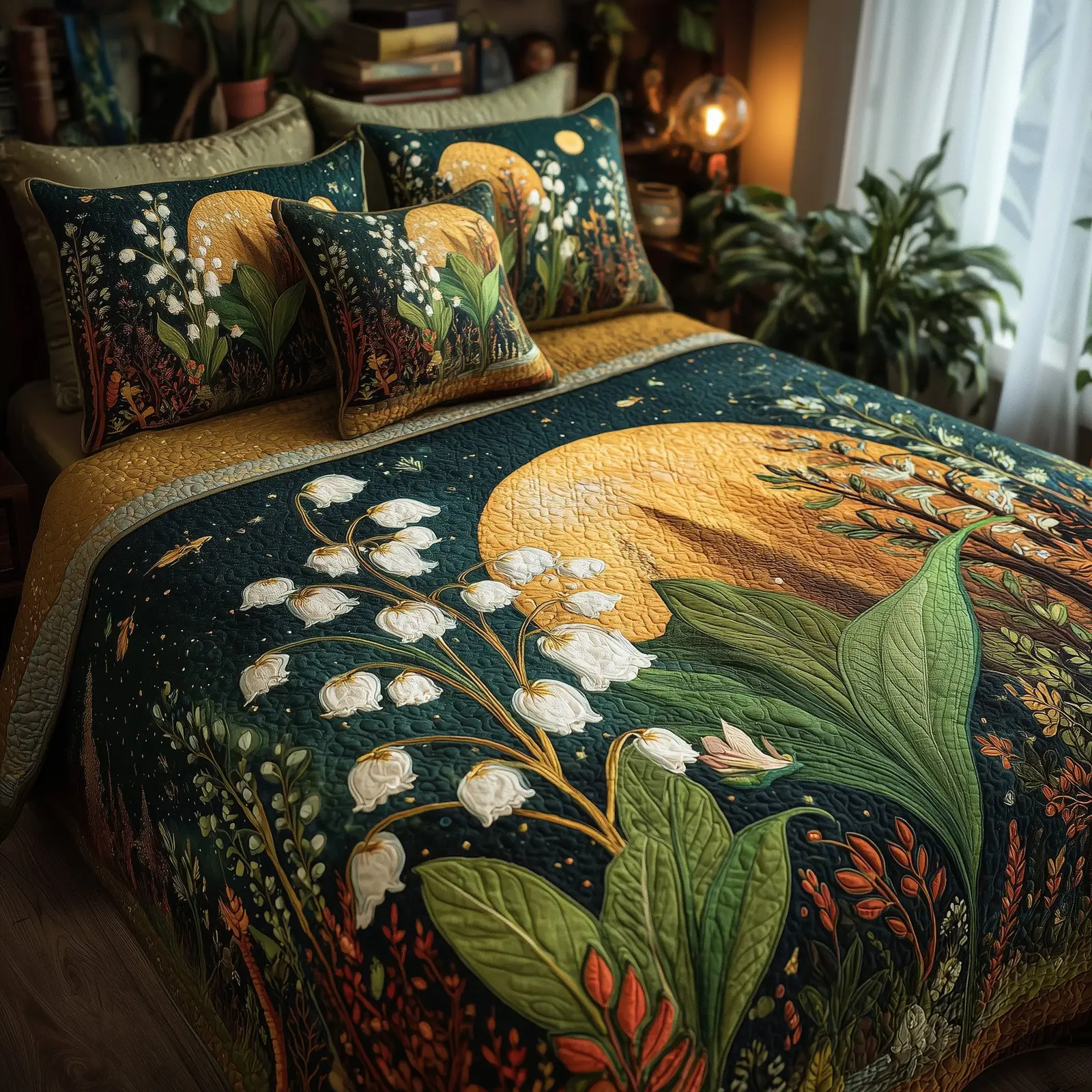 Moonlit Lily Of The Valley Quilted Bedding Set Floral Print