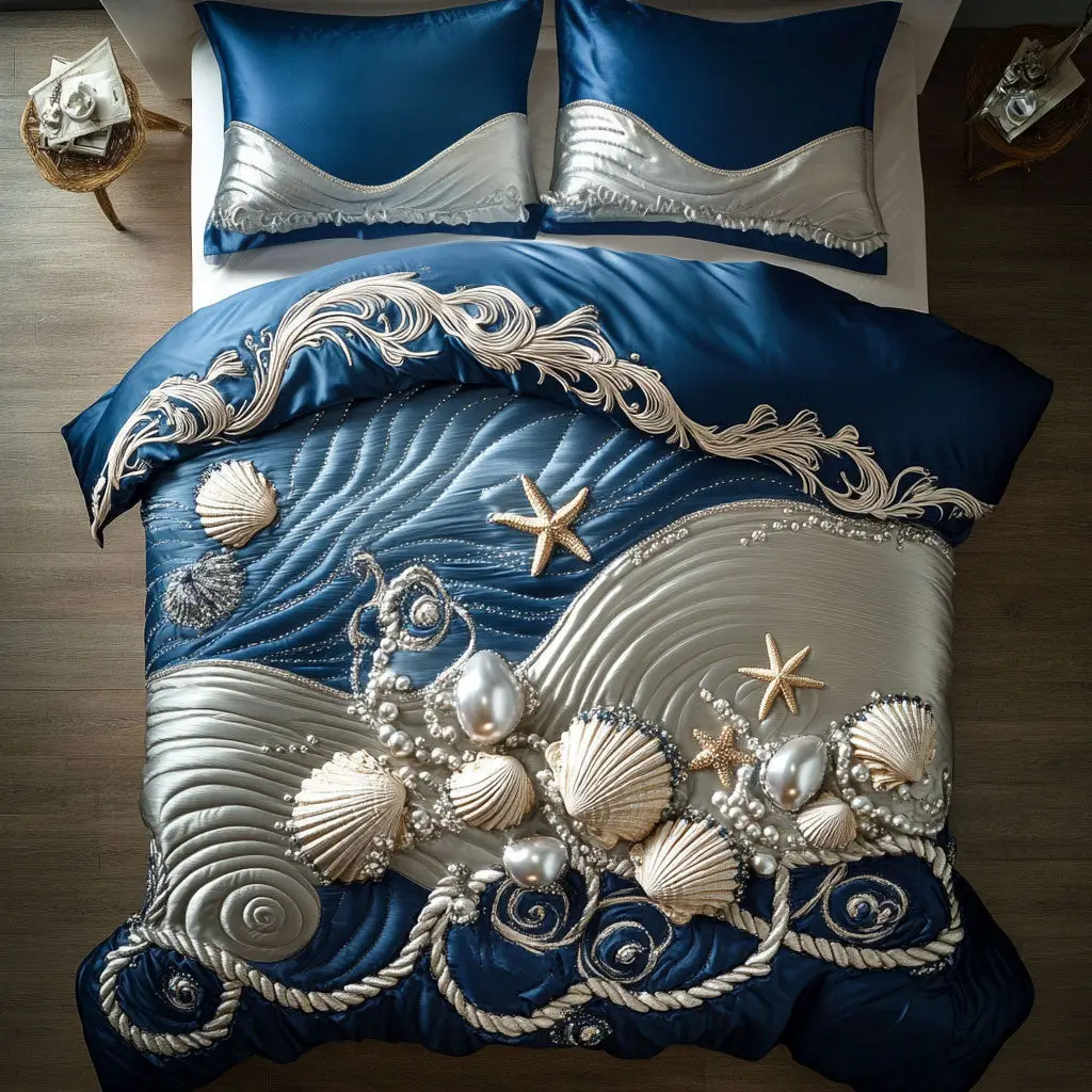 Moonlit Ocean Wave Quilted Bedding Set Duvet Cover Bedspread Bedroom Decor Gift Ideas