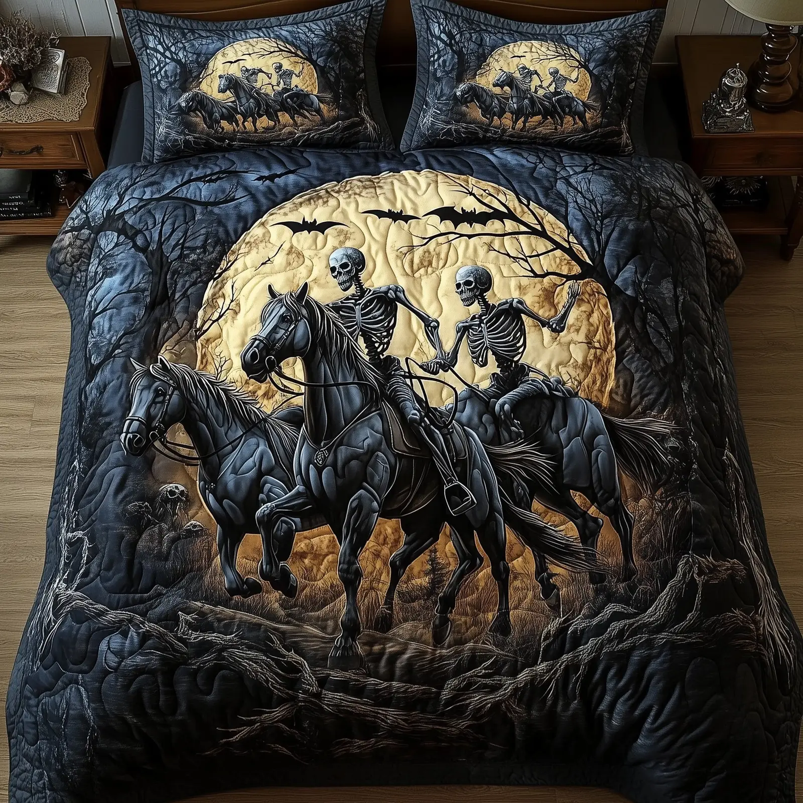 Moonlit Skeleton Riders Halloween Quilted Bedding Set Duvet Horse Skeleton Couple Gifts