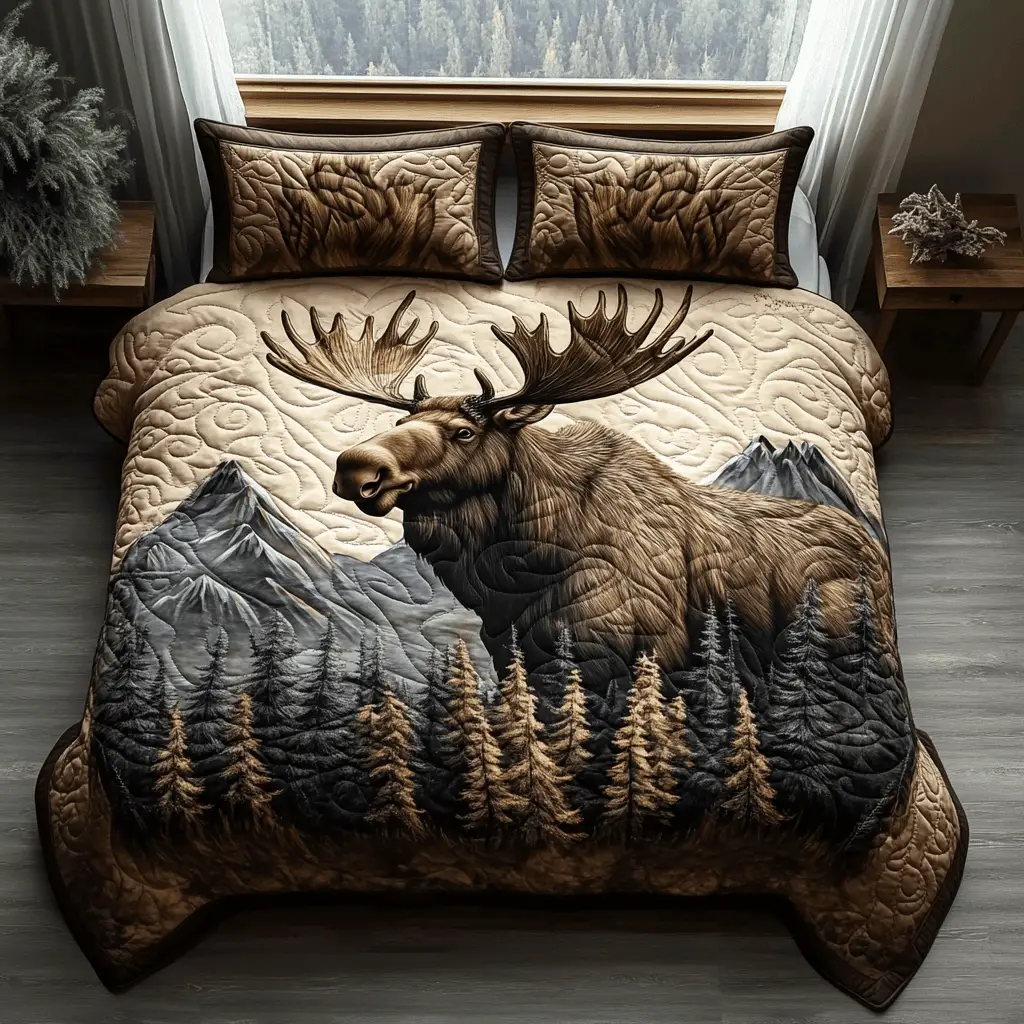 Moose Charm Quilted Bedding Set Forest Duvet Covers Father's Day Gifts For Husband Moose Charm Quilted Bedding Set Forest Duvet Covers Father's Day Gifts For Husband - Image 1