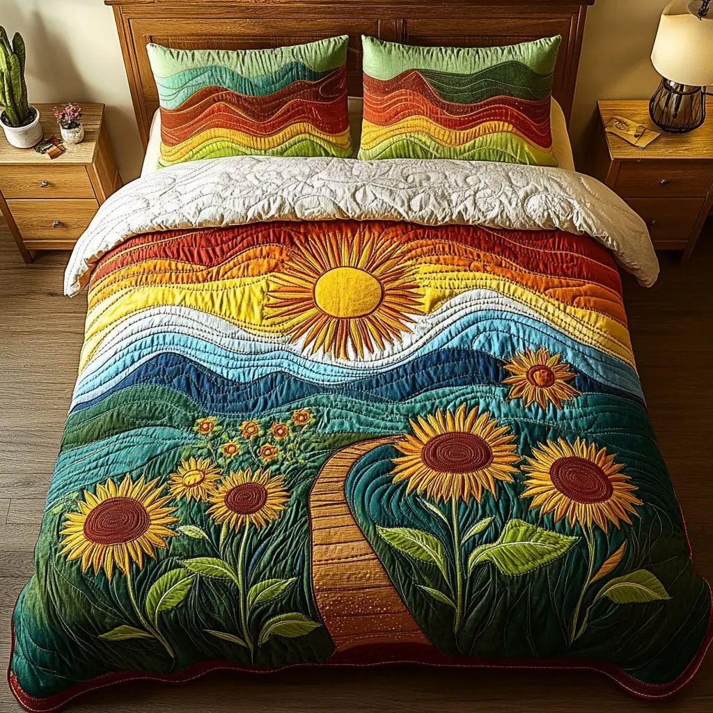 Morning Glow Landscape Quilted Bedding Set Unique Bed Sheet Set Gifts For Sunflower Lovers