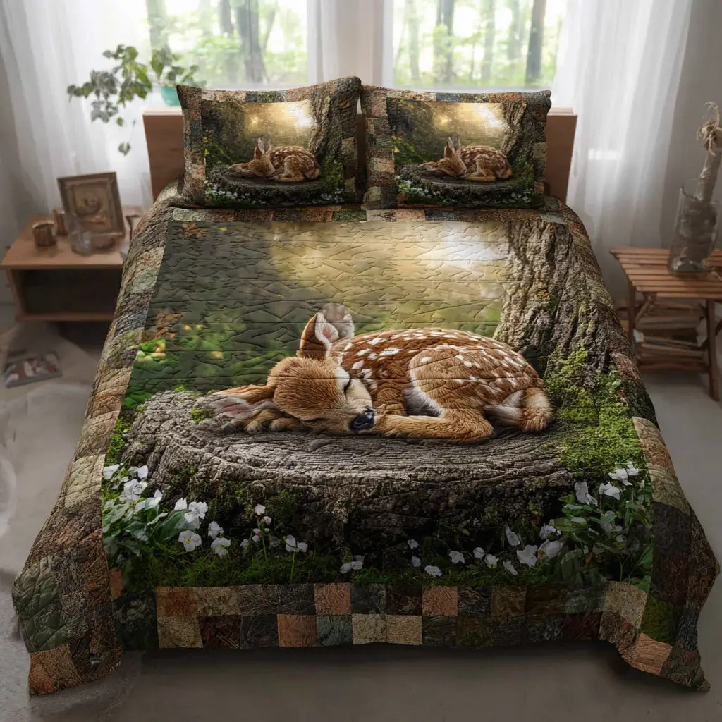 Mossy Fawn Quilted Bedding Set Unique Bedding Gift for Family Gatherings Mossy Fawn Quilted Bedding Set Unique Bedding Gift for Family Gatherings - Image 1