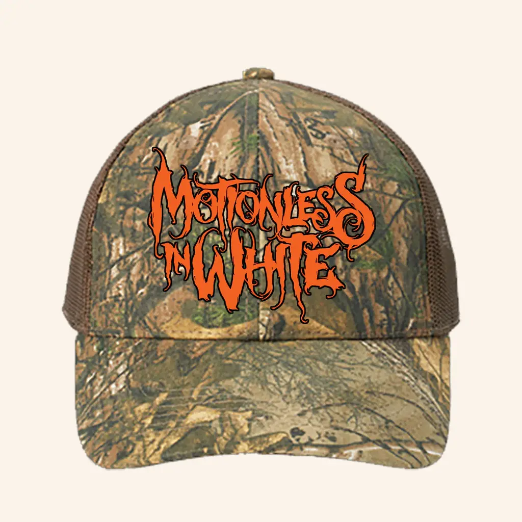 Motionless In White Merch Orange Logo Camo Trucker Hat Real Tree Hat Xmas Presents For Him -WearandDecor