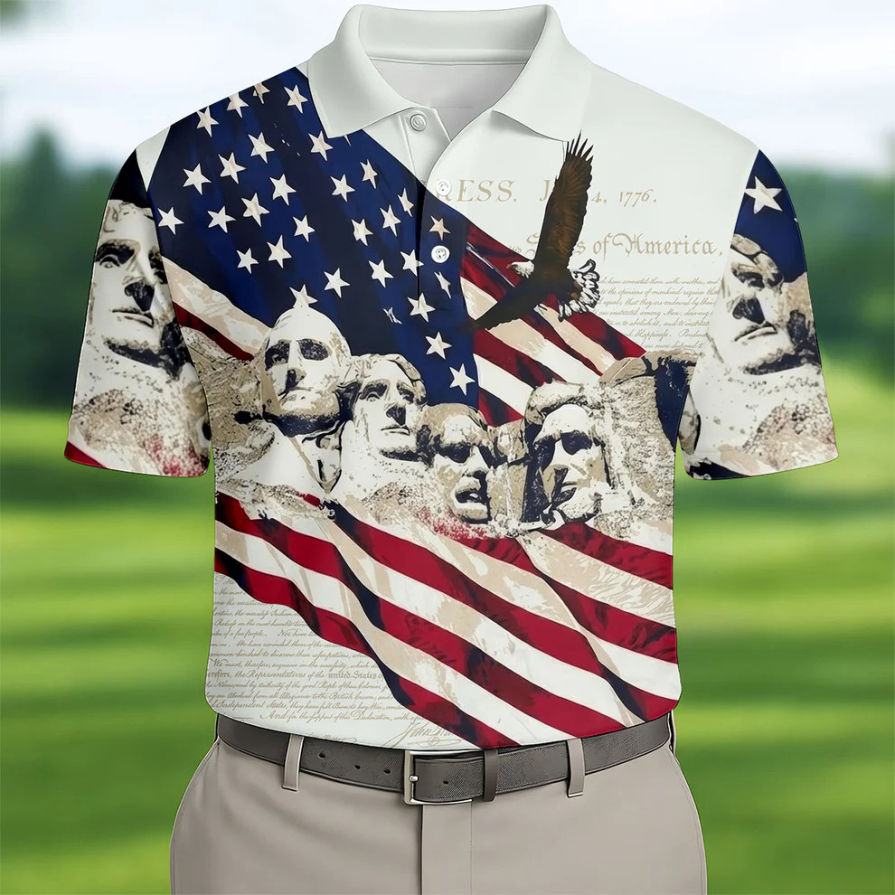 Mount Rushmore Golf Polo Shirt American Flag Print 250th Anniversary Outfit Gift