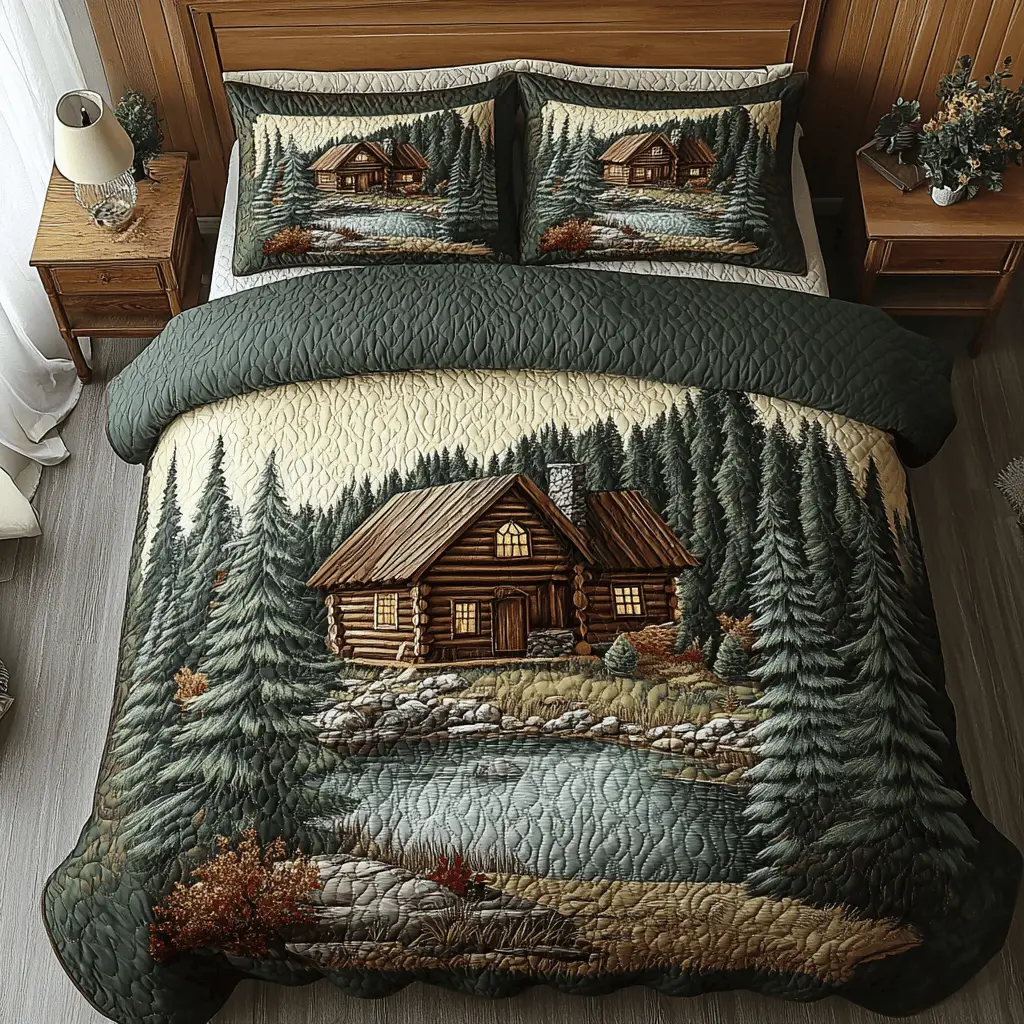 Moutain Log Cabin Quilted Bedding Set Best Romantic Gifts For Camping Lovers