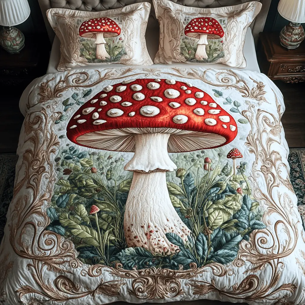 Mushroom Dream Quilted Bedding Set Stylish Bed Sheet Set for Modern Home
