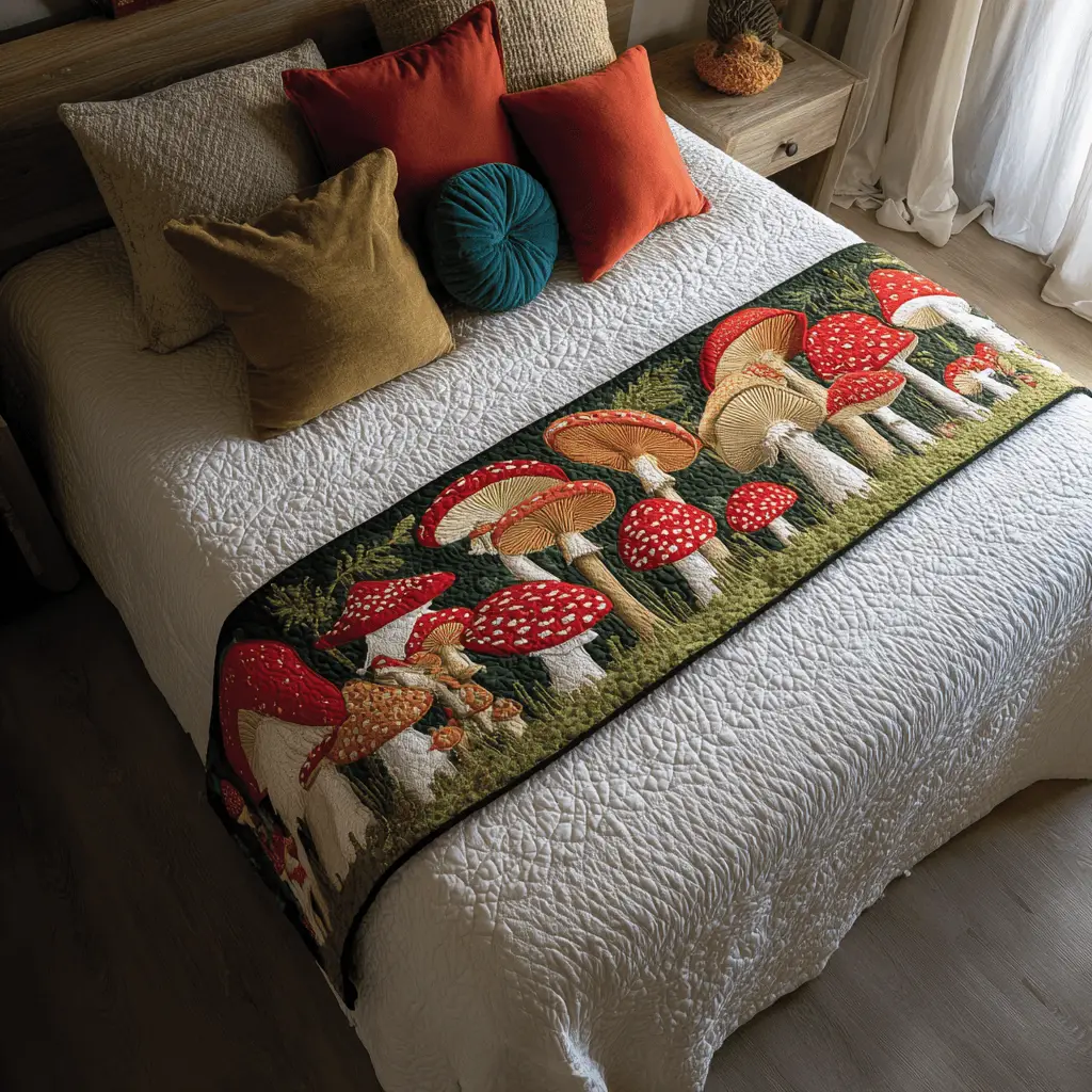 Mushroom Field Quilted Bed Runner Mushroom Field Scene Nature Lover Gift