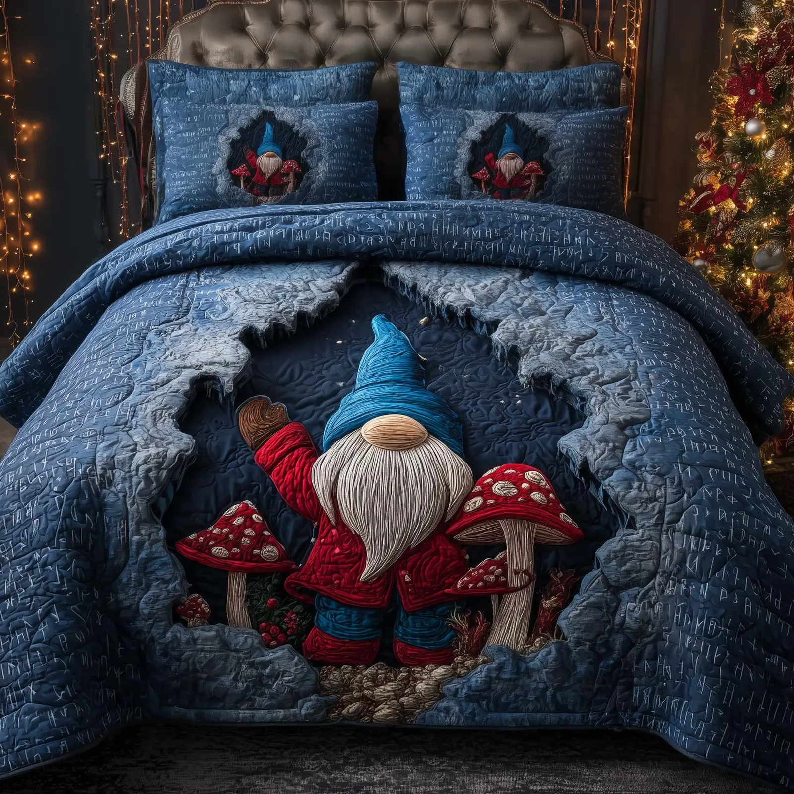 Mushroom Gnome Quilted Bedding Set Fantasy Cottage Bedroom Decor Gift For Gnome Lovers