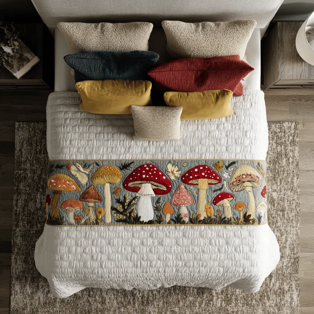 Mushroom Meadow Quilted Bed Runner Mushroom Meadow Calm Nature Gift