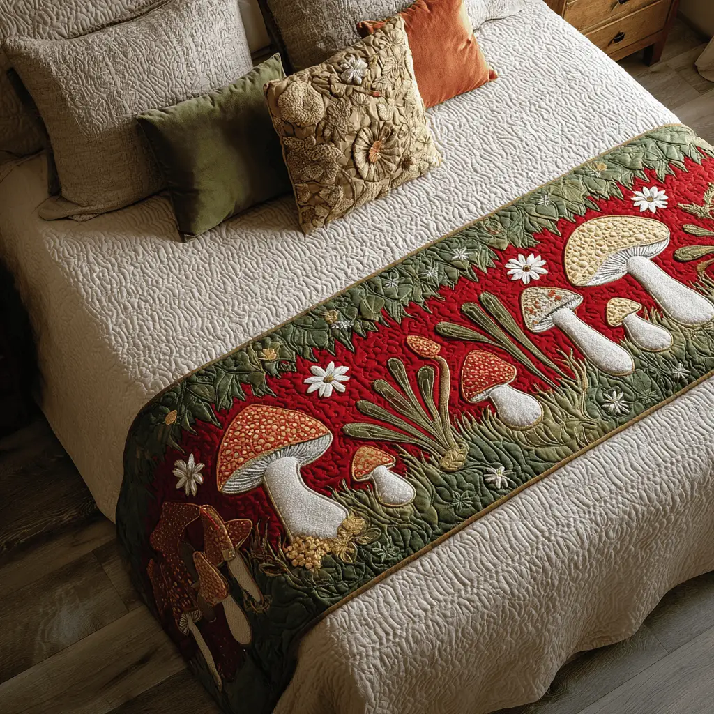 Mushroom Path Quilted Bed Runner Mushroom Path Forest-Themed Home Gift