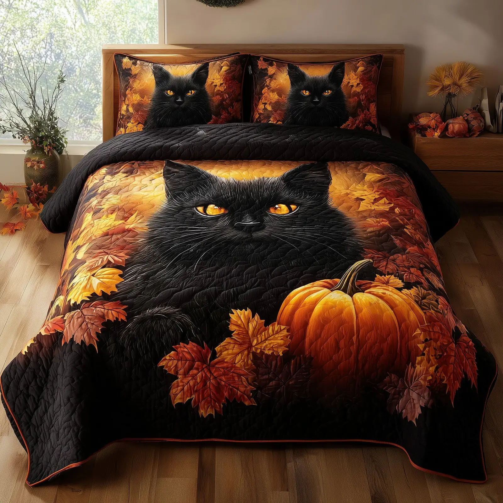 Mystic Autumn Cat Quilted Bedding Set Bed Decor Pumpkin Black Cat Mom Gifts