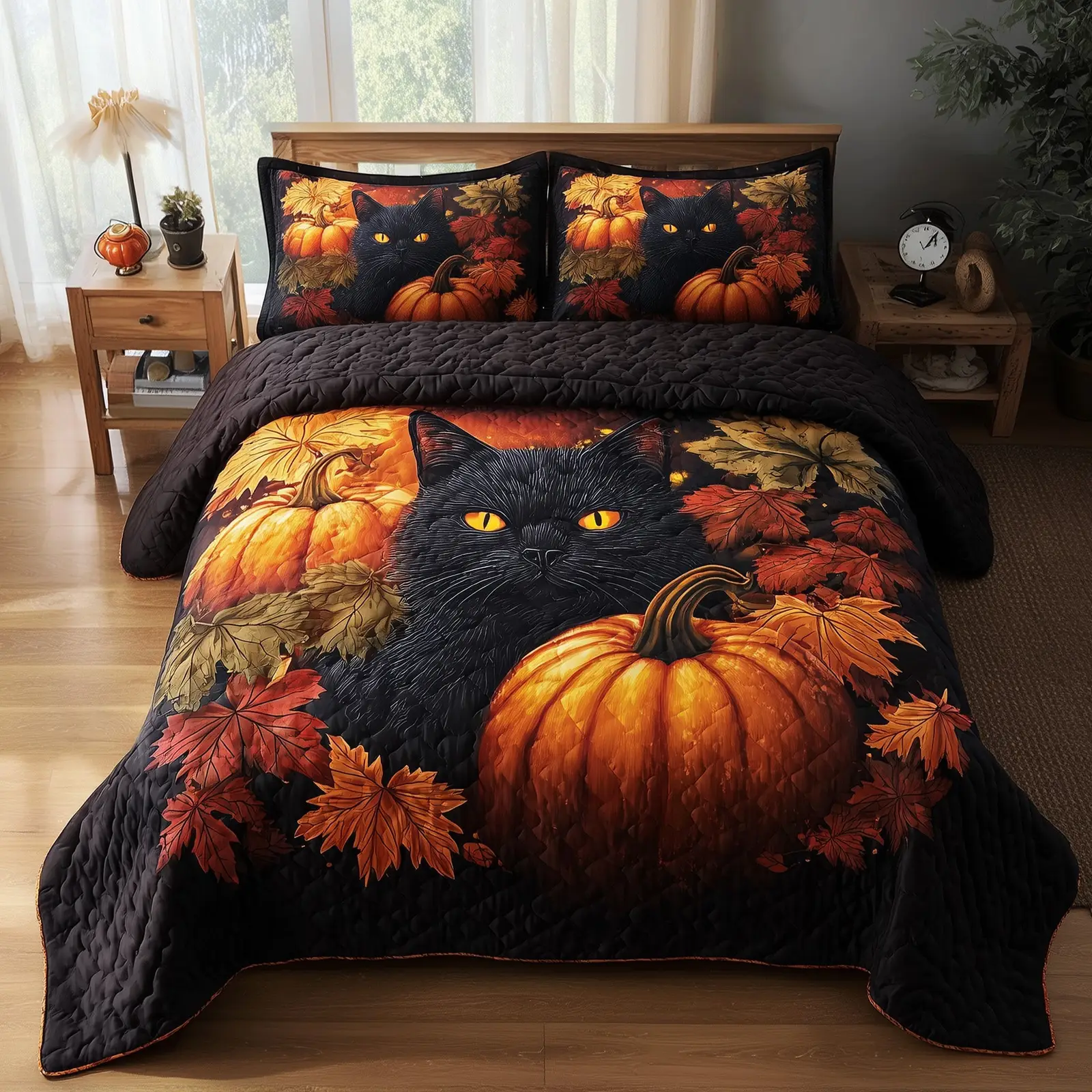Mystic Autumn Cat Quilted Bedding Set Bed Decoration Pumpkin Black Cat Gifts For Her Mystic Autumn Cat Quilted Bedding Set Bed Decoration Pumpkin Black Cat Gifts For Her - Image 1