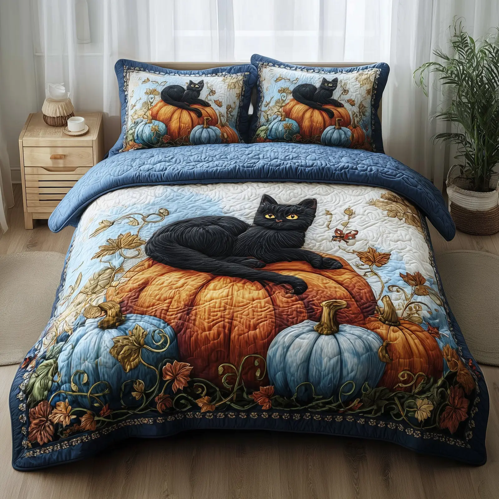 Mystic Autumn Cat Quilted Bedding Set Room Decor Pumpkin Black Cat Gift Items