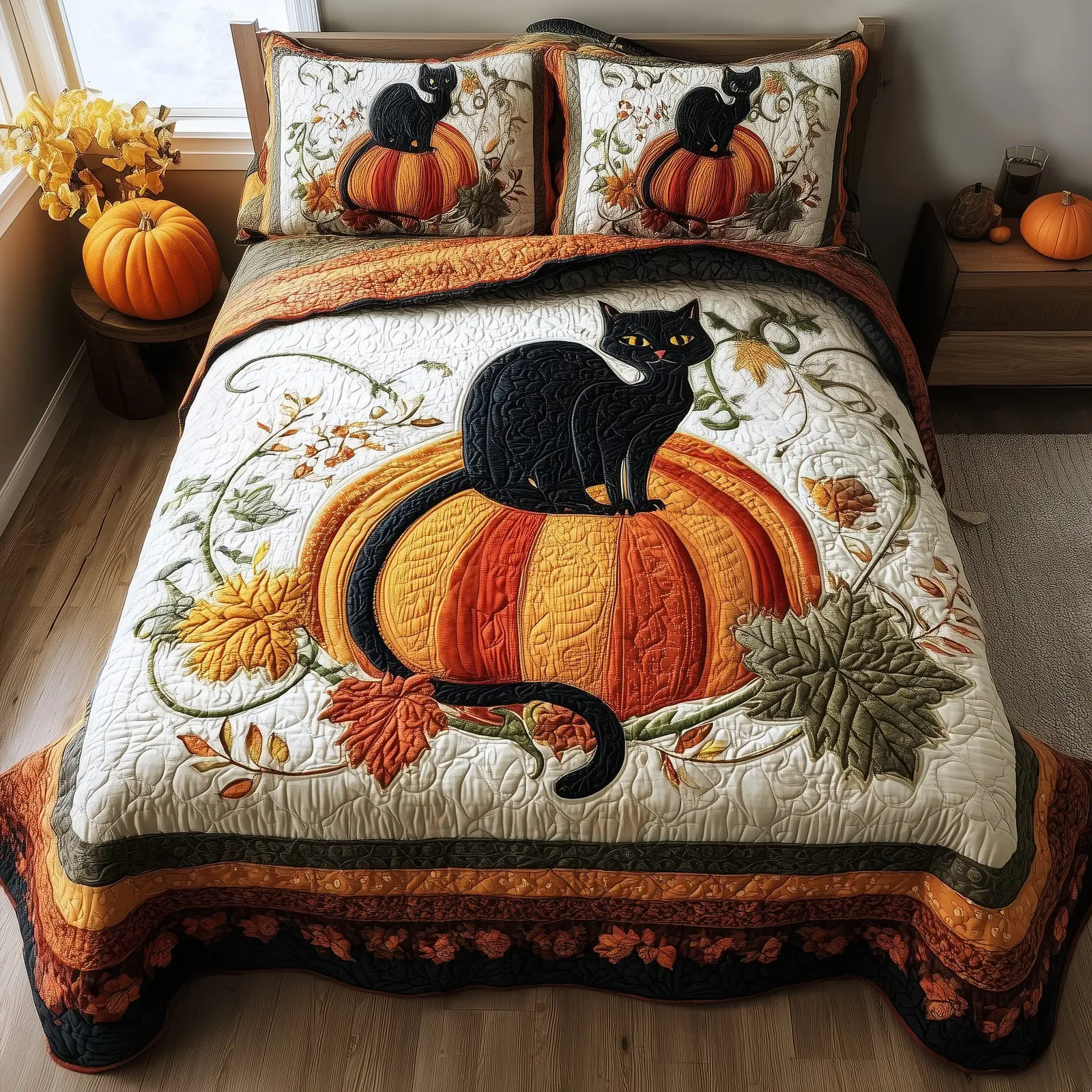 Mystic Autumn Cat Quilted Bedding Set Room Decor Pumpkin Gifts For Black Cat Lovers