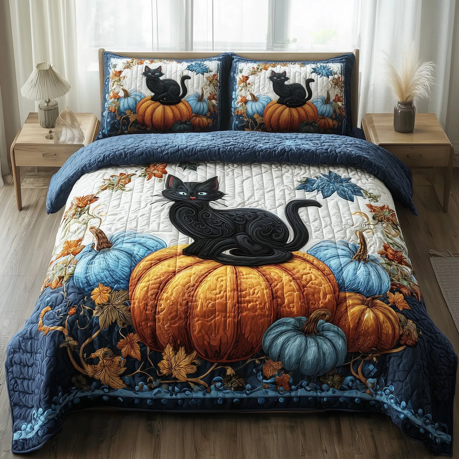 Mystic Autumn Cat Quilted Bedding Set Room Decor Pumpkin Gifts For Pet Moms And Cozy Home Fans