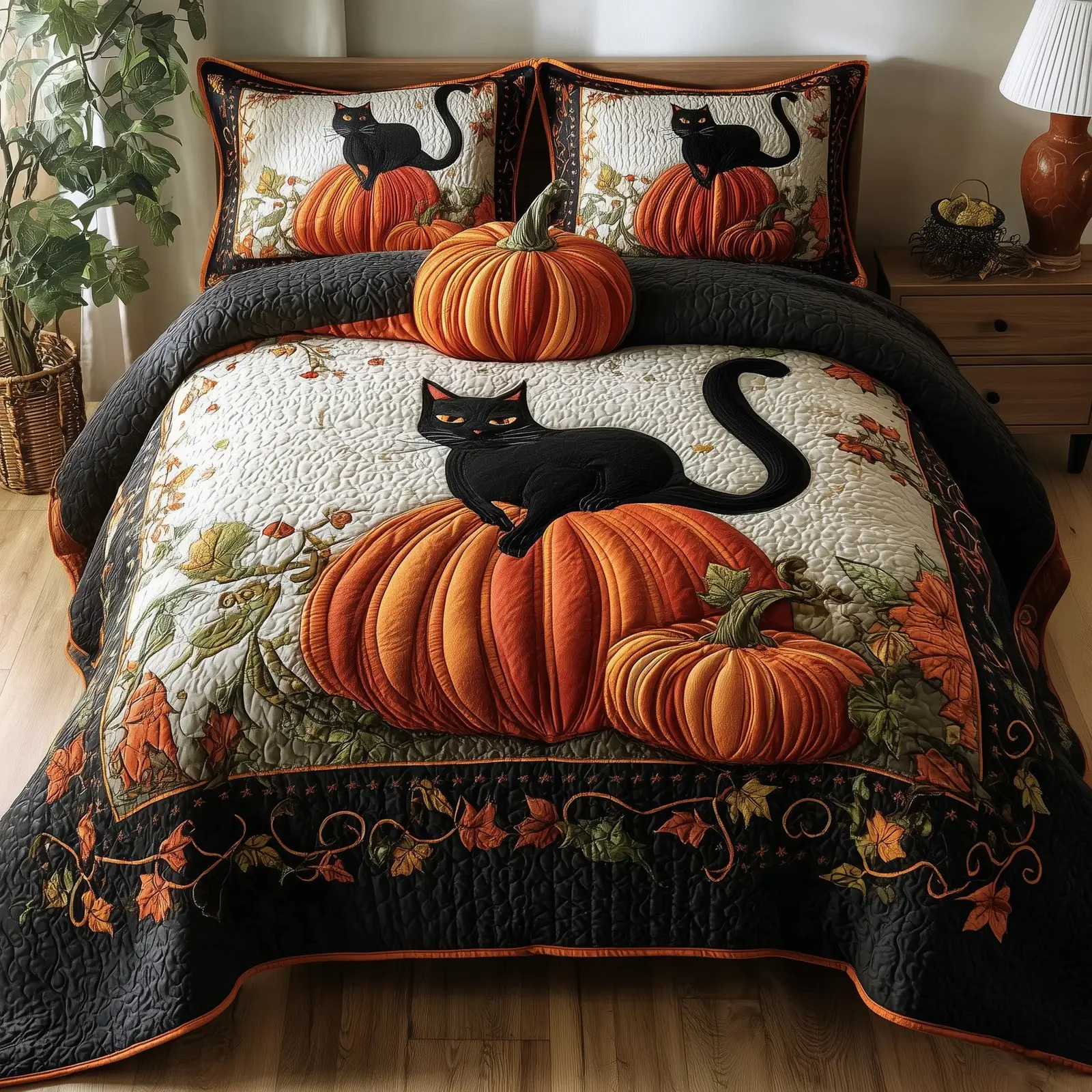 Mystic Autumn Cat Quilted Bedding Set Room Decoration Pumpkin Gifts For Black Cat Owners