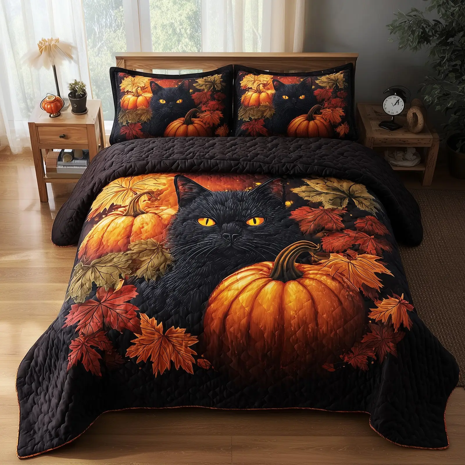 Mystic Autumn Cat Quilted Bedding Set Striped Design