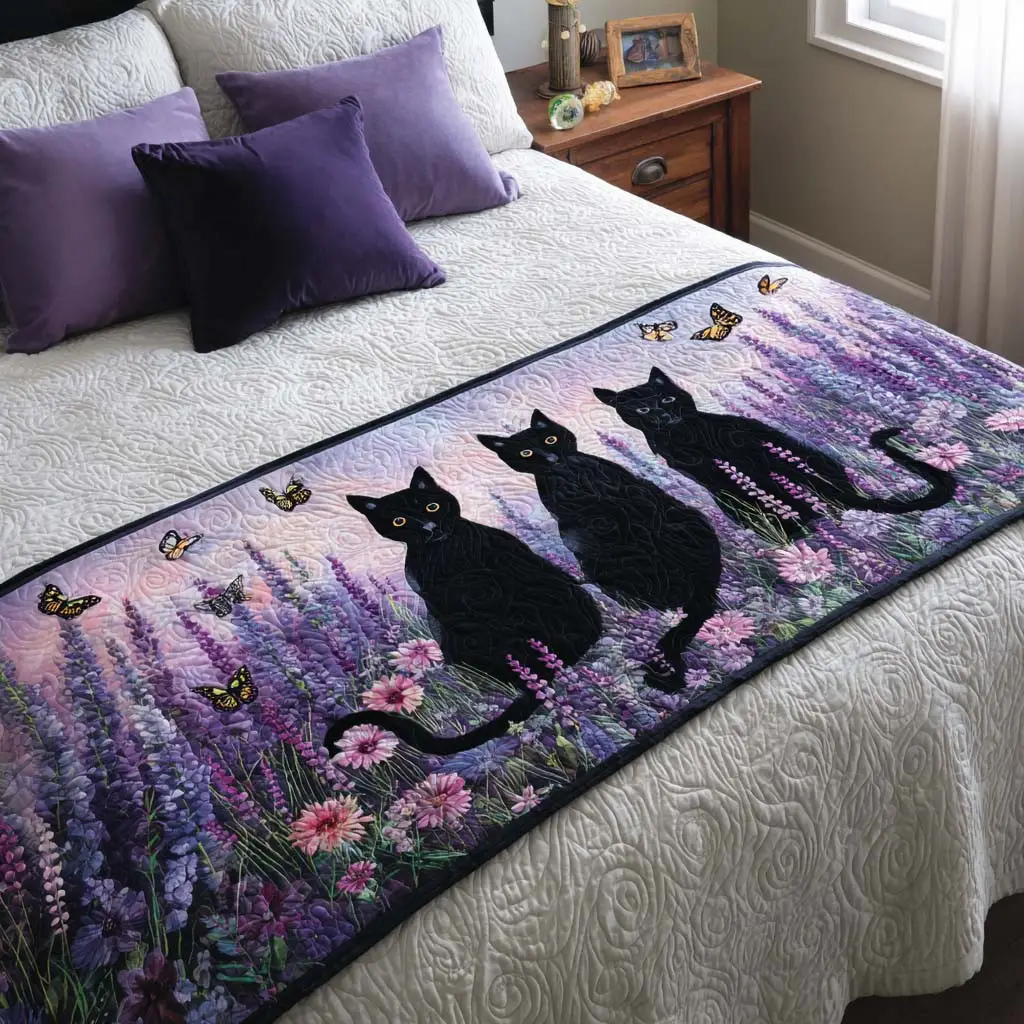 Mystic Cats Quilted Bed Runner Mystic Cat Design Gift for Pet Lovers