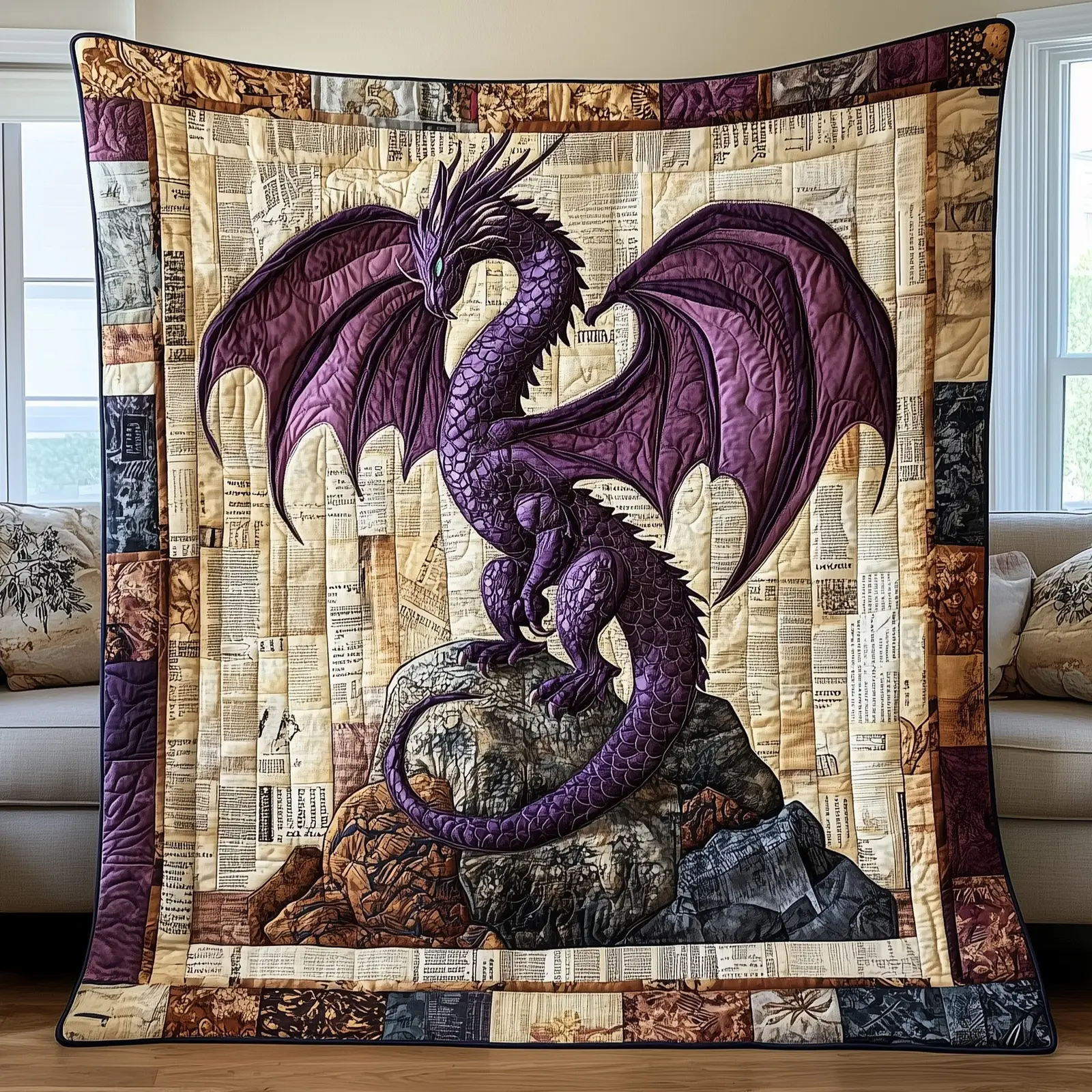 Mystic Dragon Quilted Blanket Purple Scales Fantasy Theme Best Gifts For Dragon Lovers