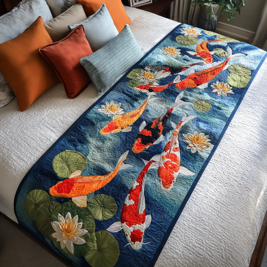 Mystic Koi Quilted Bed Runner Mystic Koi Glow Zen-Inspired Gift Mystic Koi Quilted Bed Runner Mystic Koi Glow Zen-Inspired Gift - Image 1