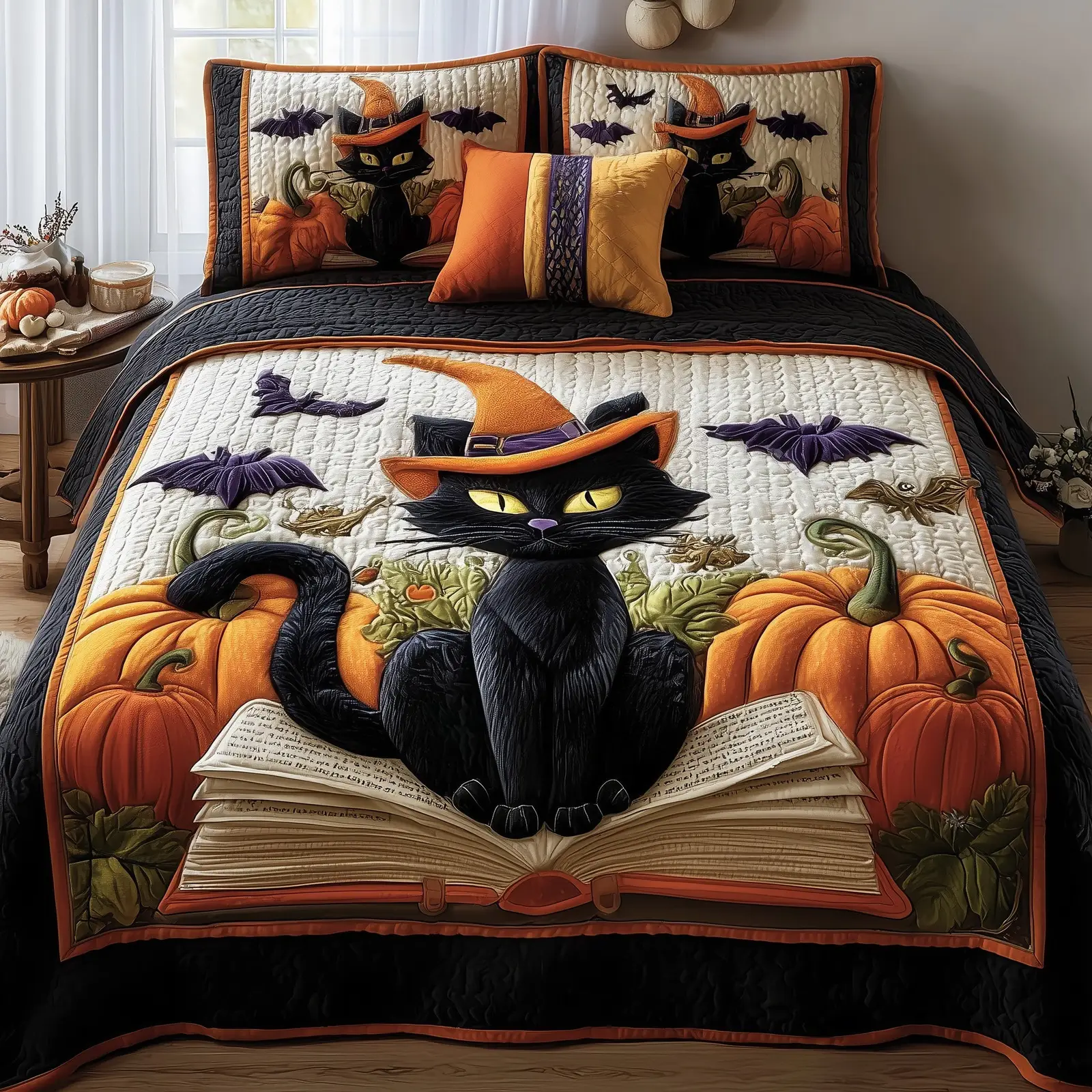 Mystic Meow Quilted Bedding Set Machine Washable