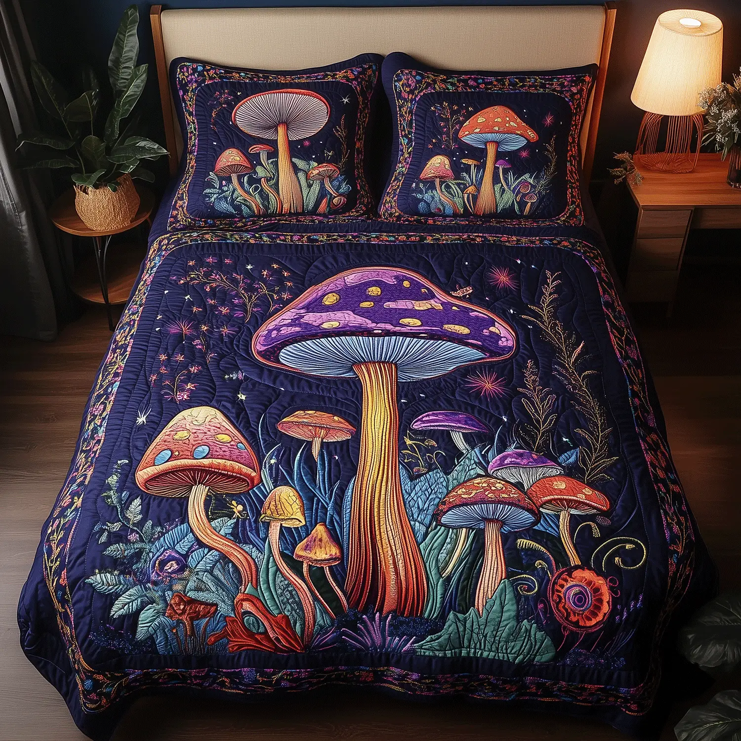 Mystic Mushroom Garden Quilted Bedding Set Modern Bedding Set to Upgrade Your Bedroom