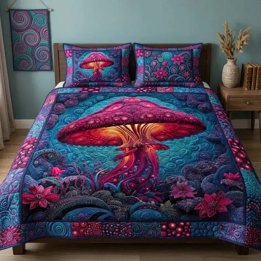 Mystic Mushroom Quilted Bedding Set Boho Forest Bedroom Decor Gift For Cottagecore Lovers