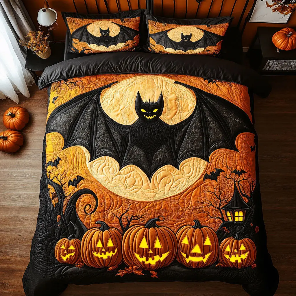 Mystic Pumpkin Bat Quilted Bedding Set Duvet Cover Bedspread Best Halloween Gift Ideas