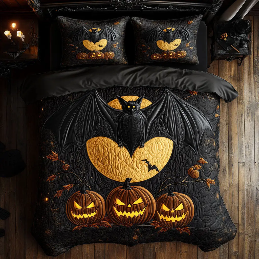 Mystic Pumpkin Bat Quilted Bedding Set Duvet Cover Bedspread Halloween Present