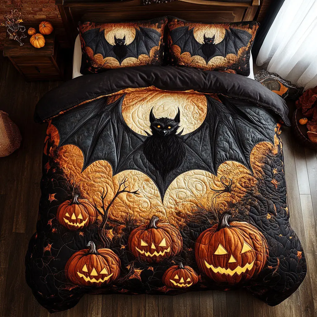 Mystic Pumpkin Bat Quilted Bedding Set Duvet Cover Bedspread Halloween Present Ideas