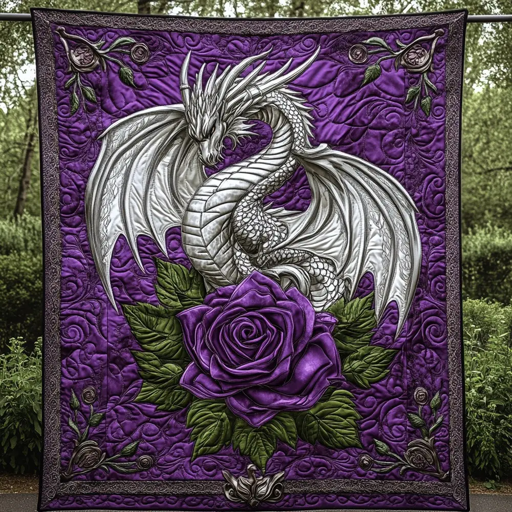 Mystic Silver Dragon Rose Quilted Blanket Fantasy Art Cozy Throw Bedding Best Gift For Dragon Lovers