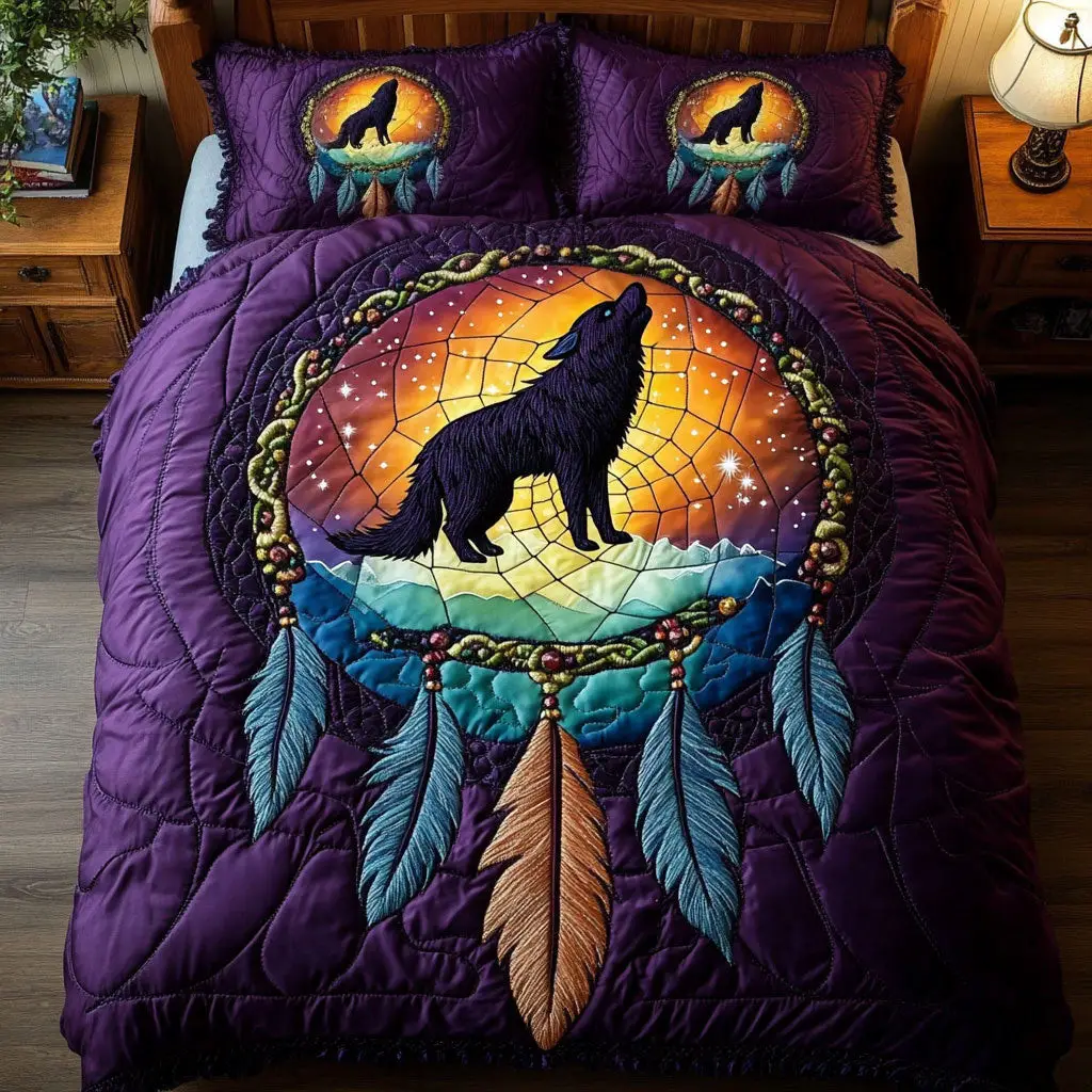 Mystic Wolf Dreamcatcher Quilted Bedding Set Duvet Cover Bedspread  Bedroom Decor For Parents