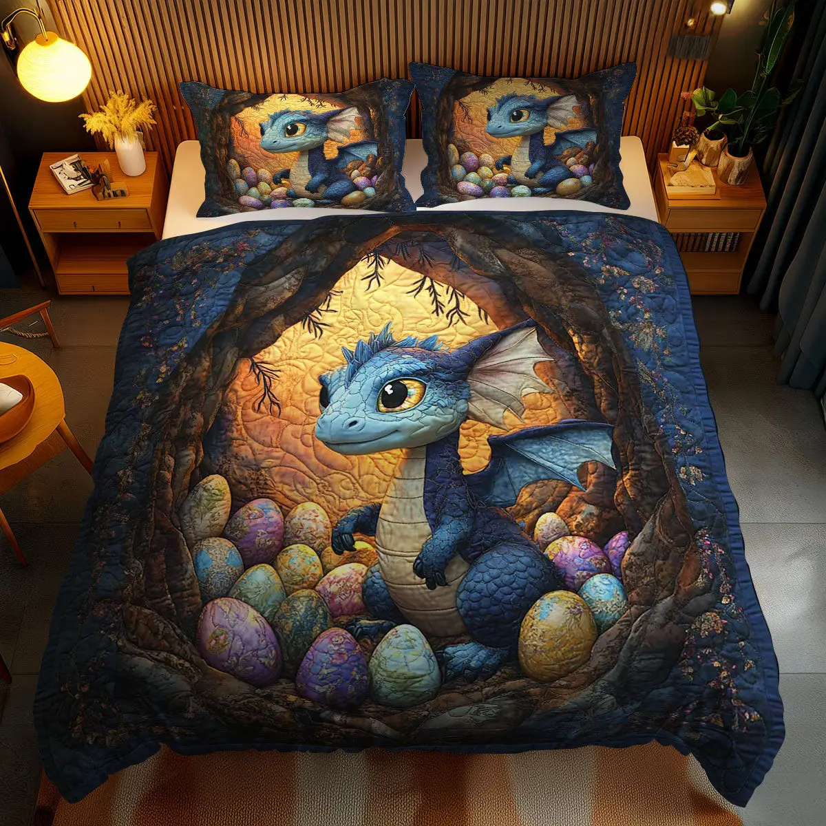 Mystical Dragon Eggs Quilted Bedding Set Autumn Inspired Bedroom Gift For Dragon Lover
