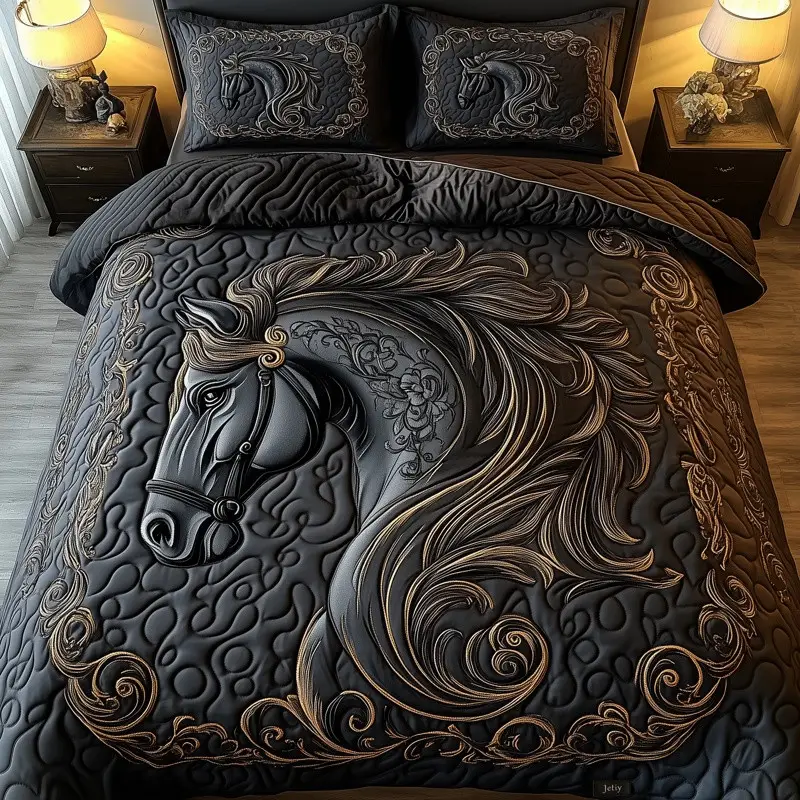 Mystique Black Horse Quilted Bedding Set Wild Horse Bedroom Decor Gift For Horse Lovers
