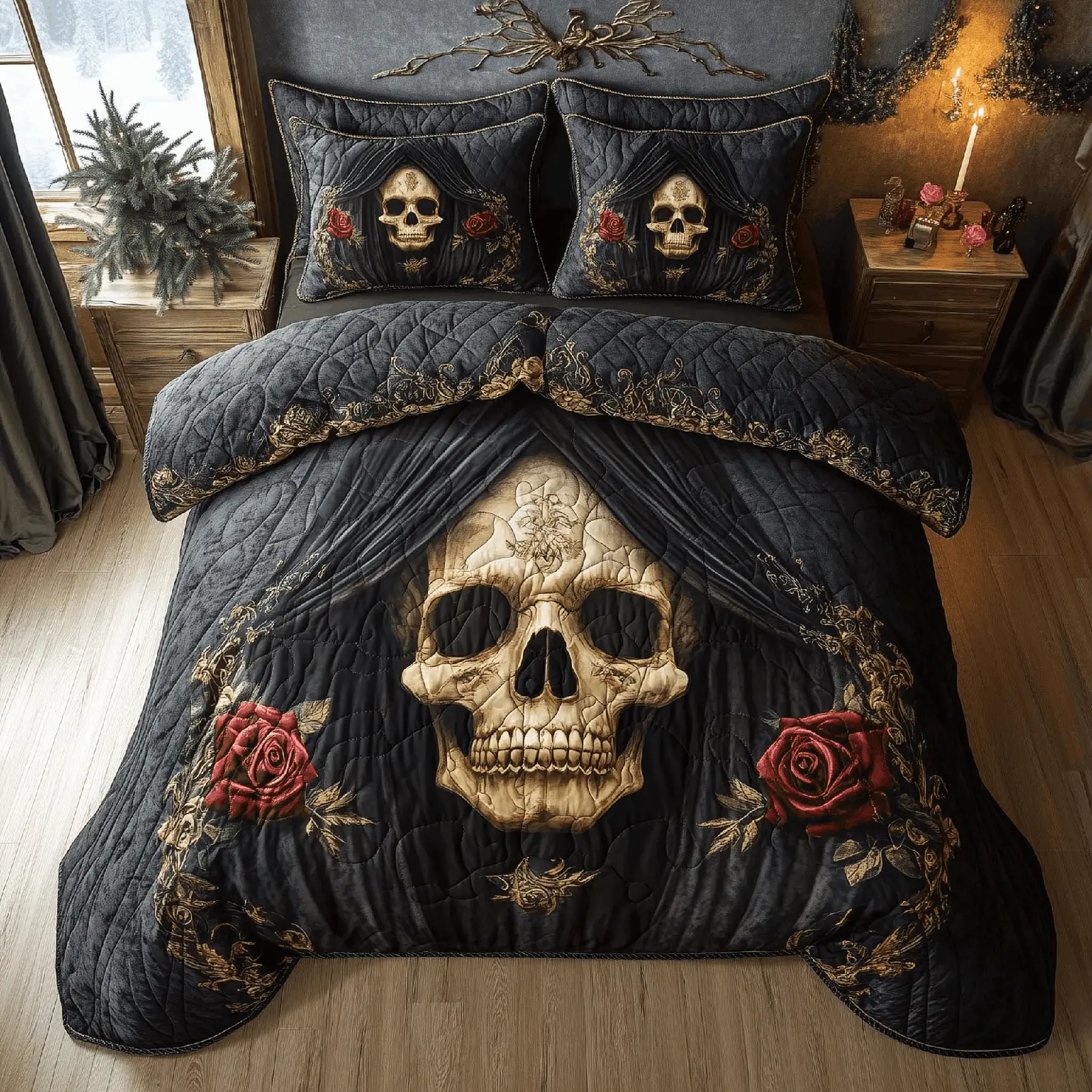 Mystique Skull Quilt Bedding Set Gothic Style Bedspread Gift for Gothic Fans Mystique Skull Quilt Bedding Set Gothic Style Bedspread Gift for Gothic Fans - Image 1