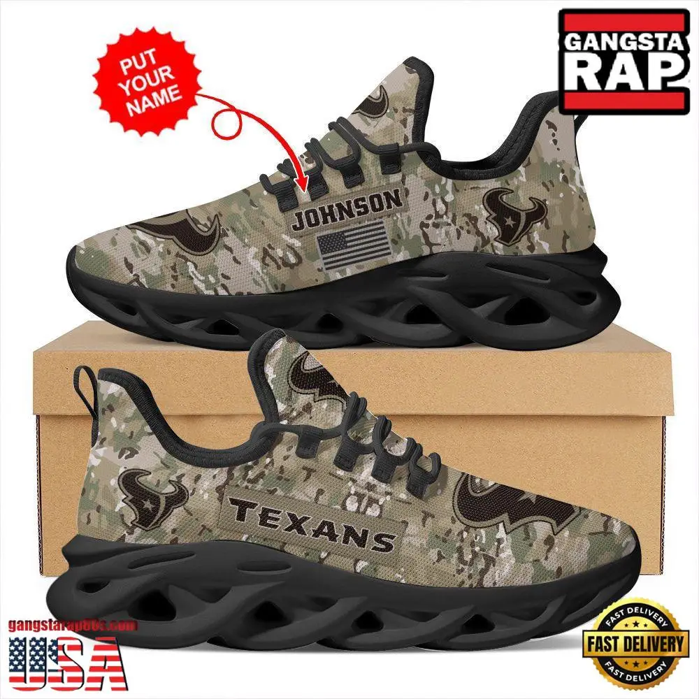 National Football League Custom Name Houston Texans US Army Military Veteran Camouflage Air Max Shoes Air Cushion Sneakers
