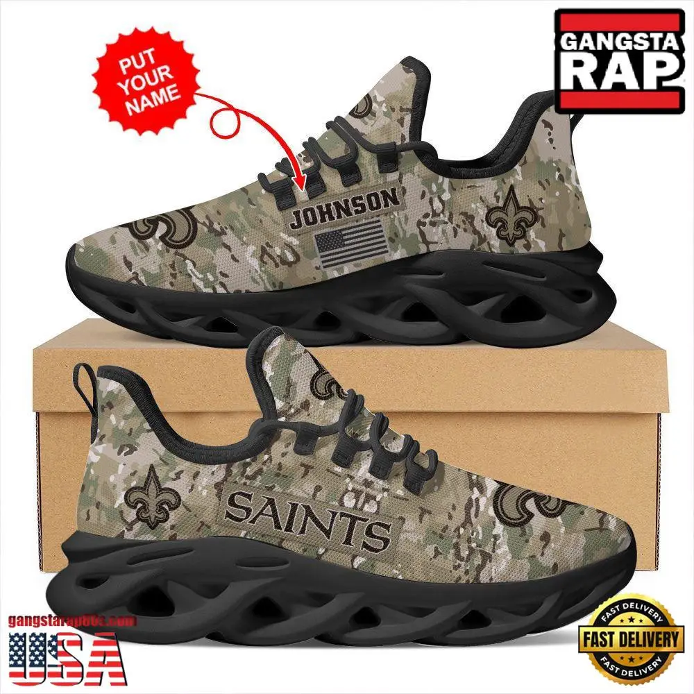 National Football League Custom Name New Orleans Saints US Army Military Veteran Camouflage Air Max Shoes Air Cushion Sneakers
