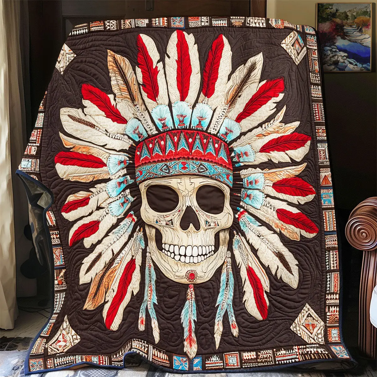 Native American Skull Quilted Throw Blankets 50Th Birthday Gifts For Men