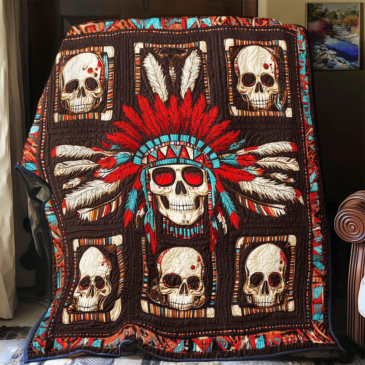 Native American Skull Quilted Throw Blankets Best Father's Day Gifts