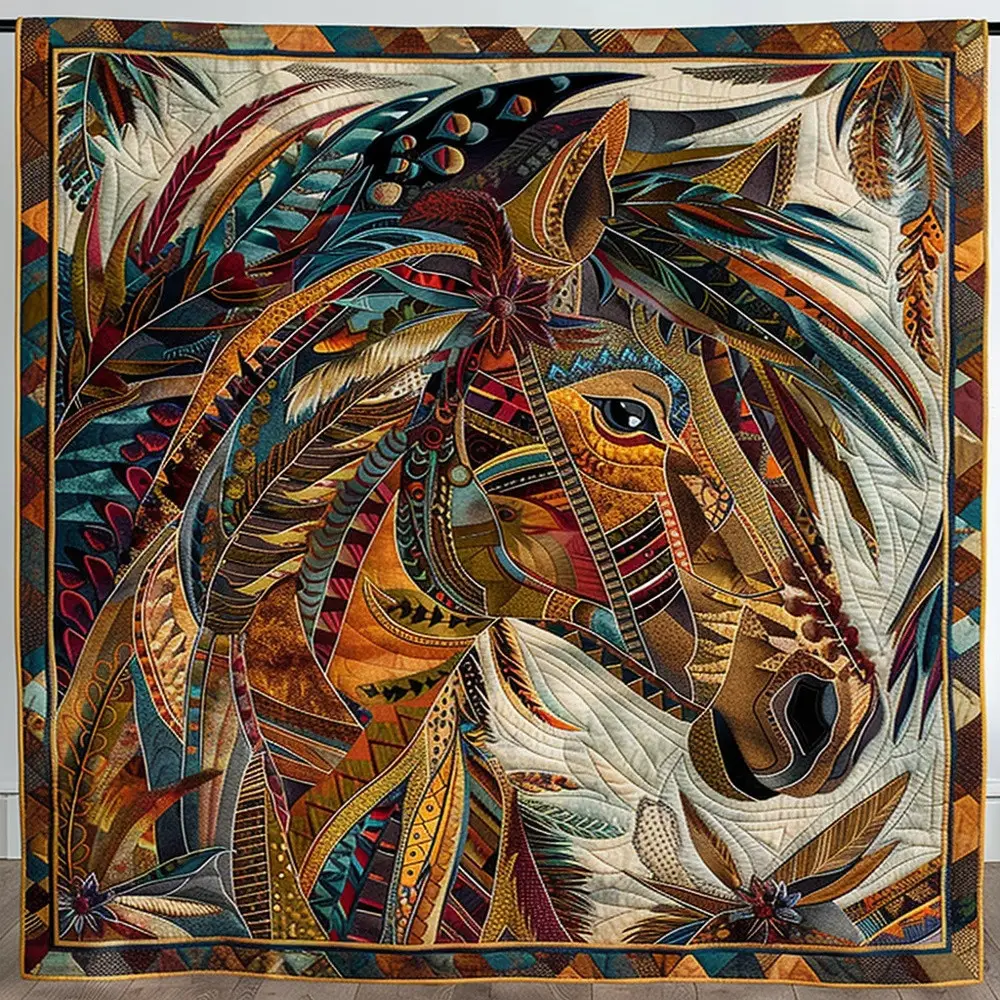 Native Spirit Horse Quilted Blanket Tribal Feather Equestrian Art Throw Best Gift For Horse Lovers