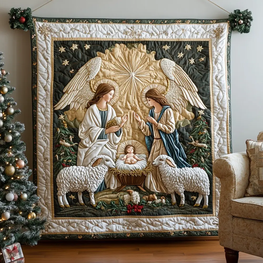 Nativity Scene Angel Blessing Quilted Blanket Christmas Religious Throw Best Gift For Christian Family Nativity Scene Angel Blessing Quilted Blanket Christmas Religious Throw Best Gift For Christian Family - Image 1