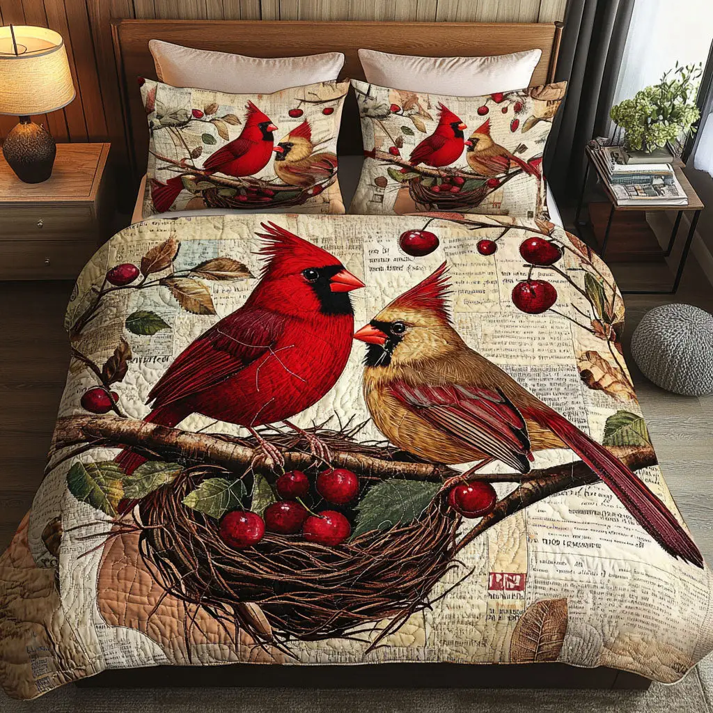 Nature Pair Quilted Bedding Set Bedroom Decor Gifts For Cardinal Lovers
