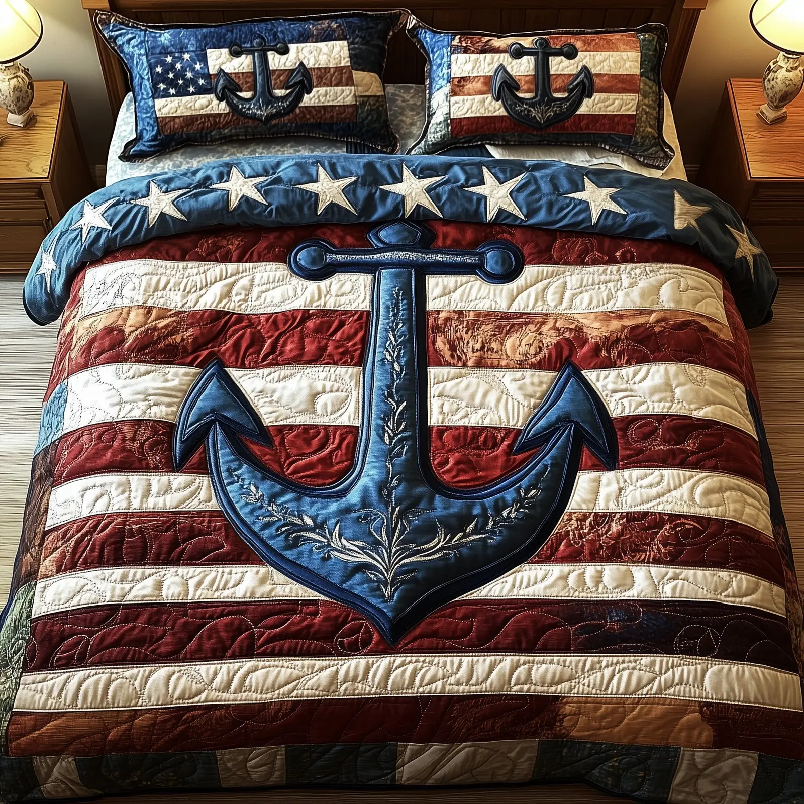 Nautical Anchor Quilted Bedding Set 4Th Of July Gifts For Coworkers Nautical Anchor Quilted Bedding Set 4Th Of July Gifts For Coworkers - Image 1