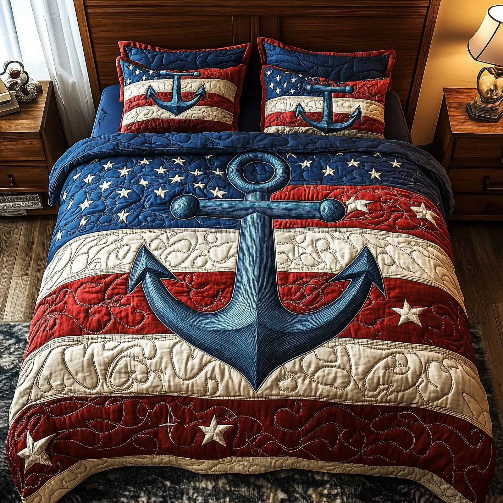 Nautical Anchor Quilted Bedding Set King Size Quilt 4Th Of July Client Gifts