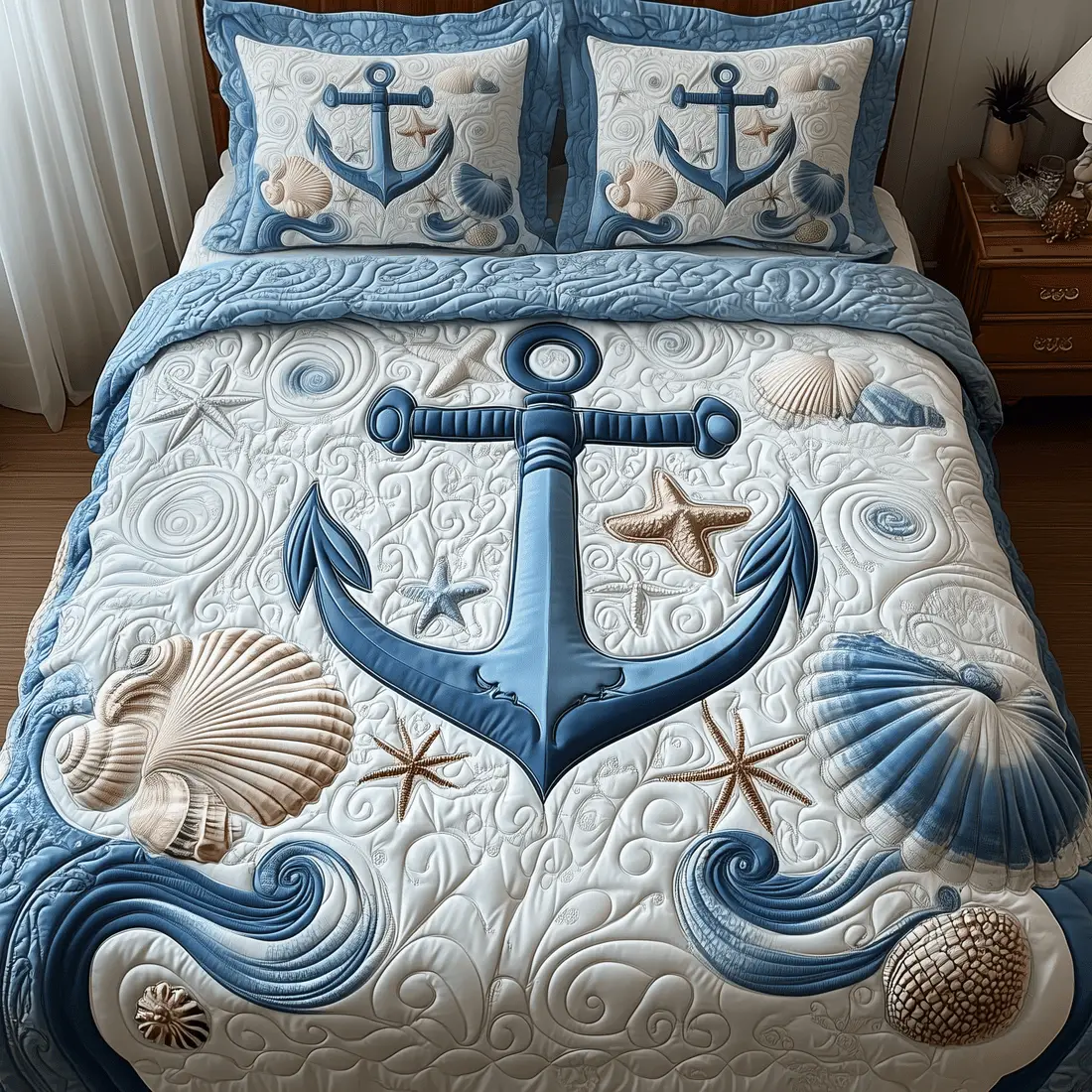 Nautical Anchor Quilted Bedding Set Ocean Blue Duvet Cover Mother's Day Presents For Mom