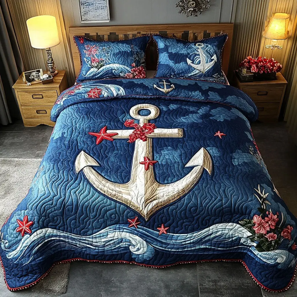 Nautical Blue Anchor Quilted Bedding Set Duvet Cover Bedspread Gifts For Ladies